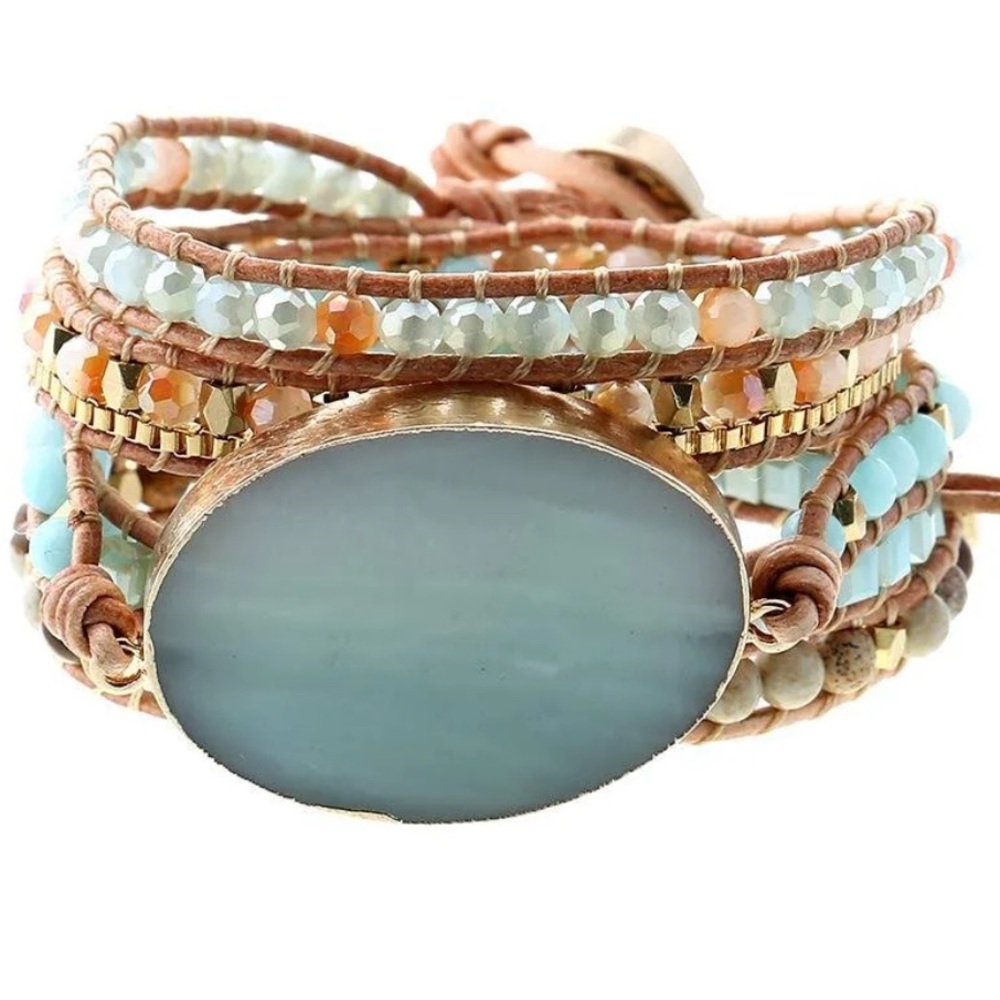 Plumiss Amazonite Natural Gemstone Crystal Leather Beaded Boho Wrap Bracelet
